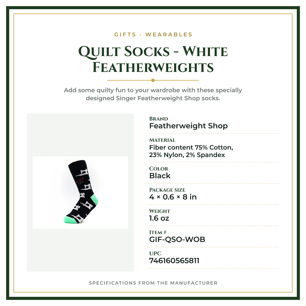Product Specifications – Quilt Socks - White Featherweights