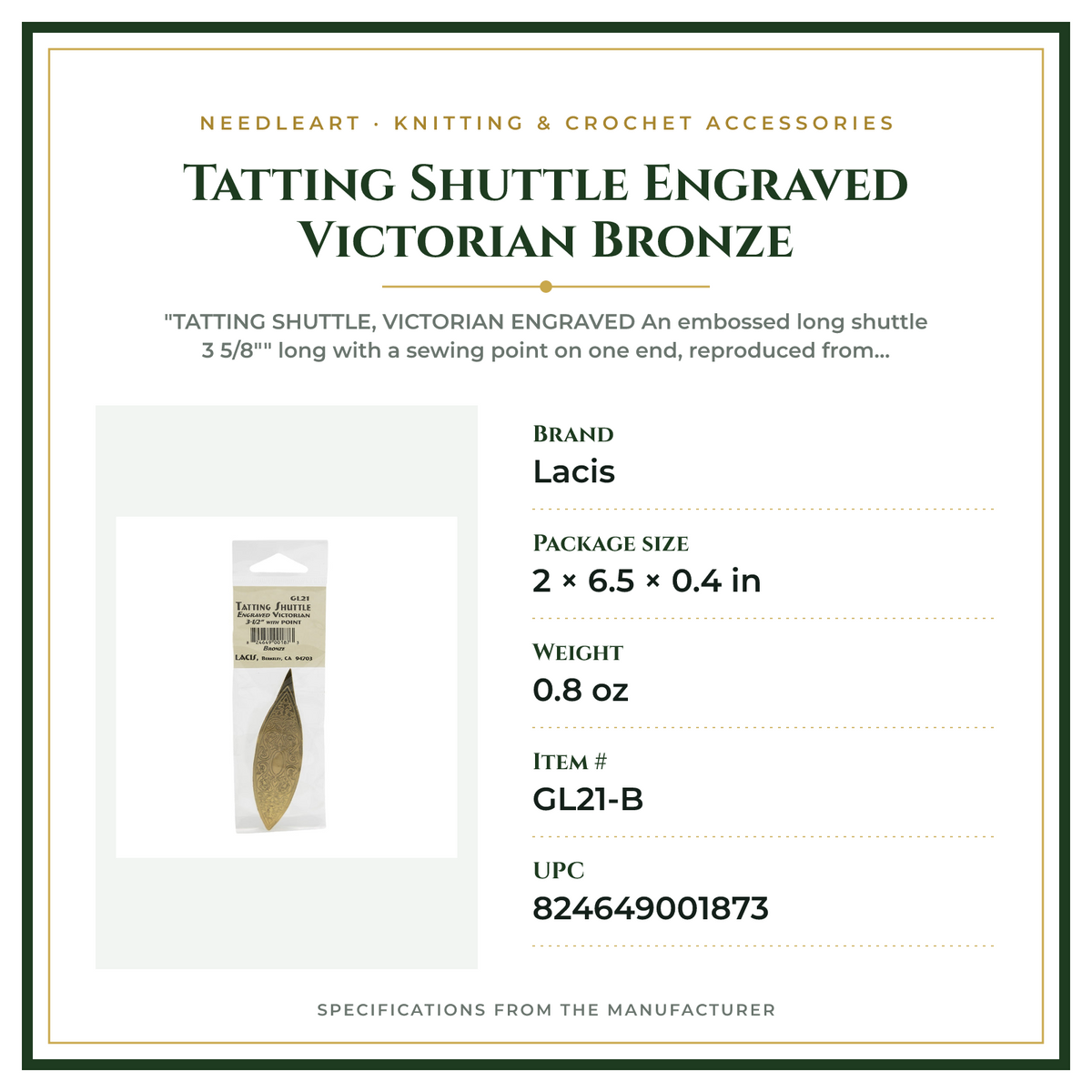 Product Specifications – Tatting Shuttle Engraved Victorian Bronze