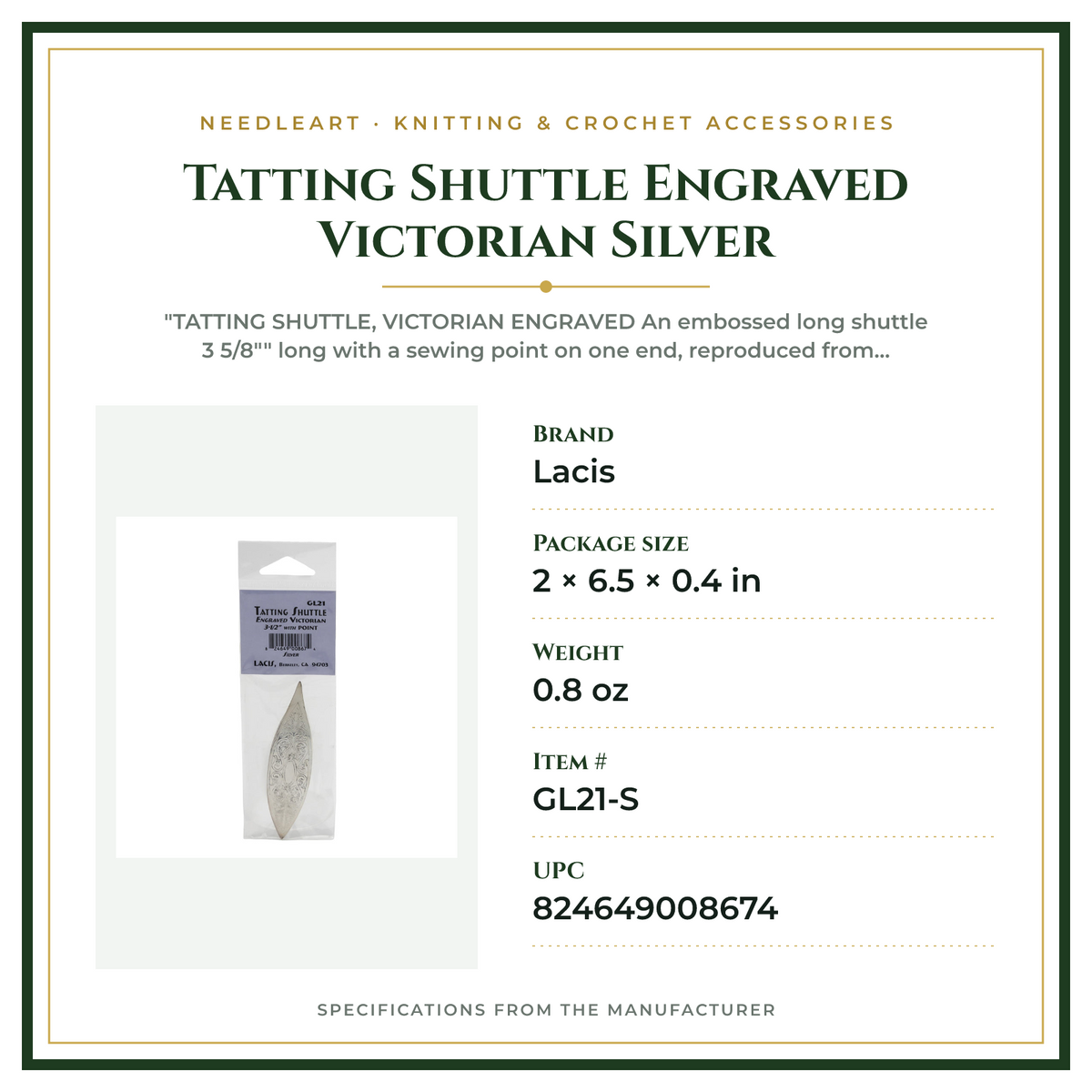 Product Specifications – Tatting Shuttle Engraved Victorian Silver