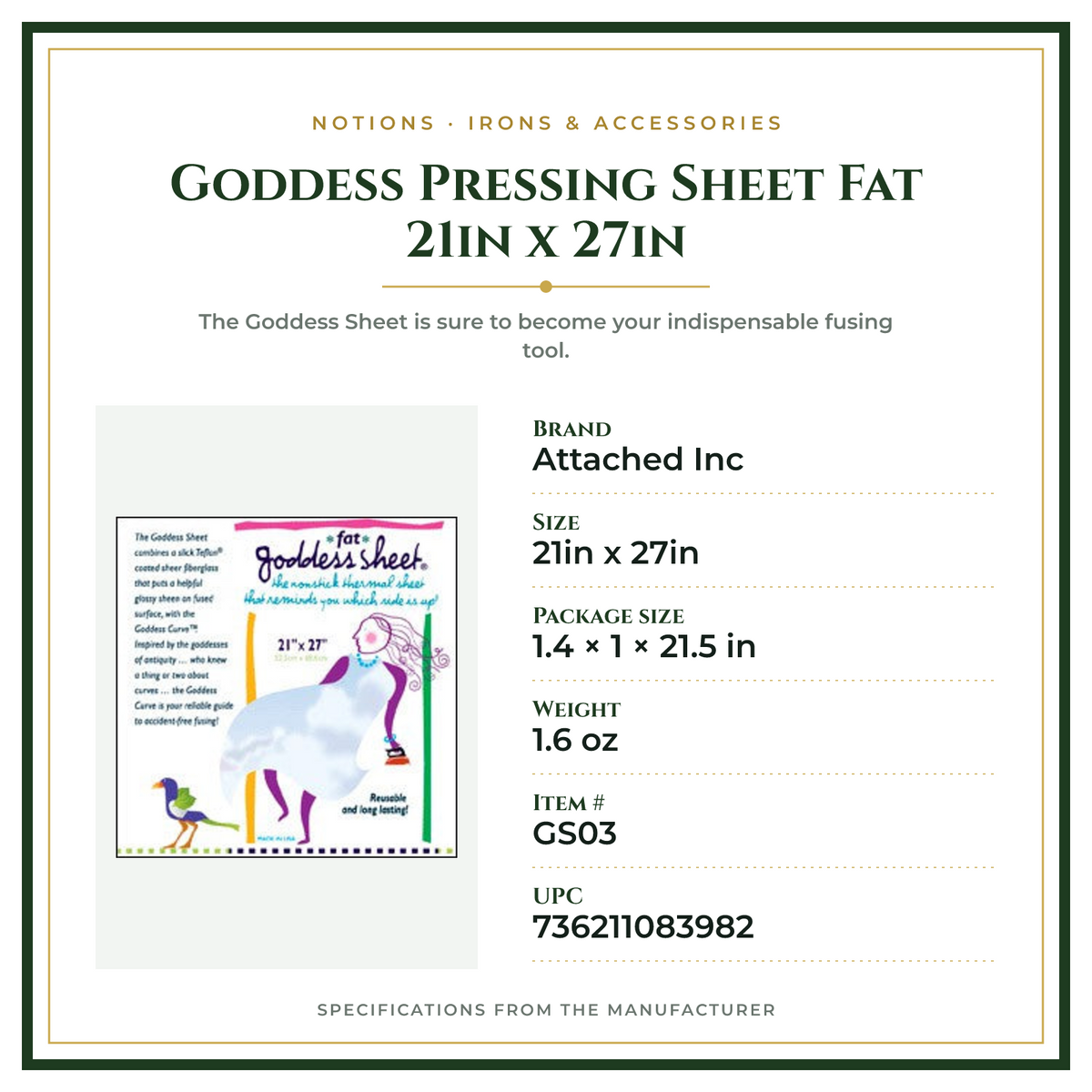 Product Specifications – Goddess Pressing Sheet Fat 21in x 27in