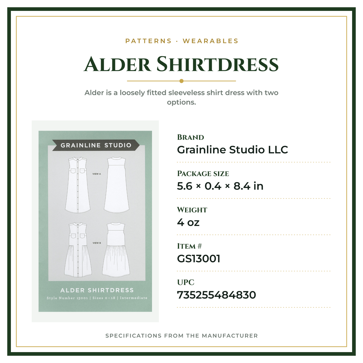 Product Specifications – Alder Shirtdress