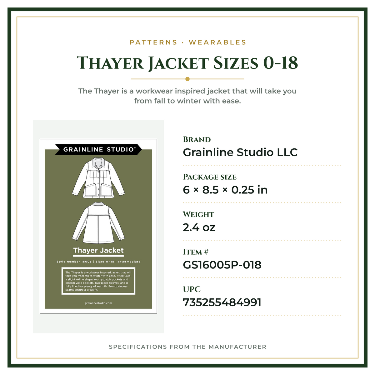 Product Specifications – Thayer Jacket Sizes 0-18