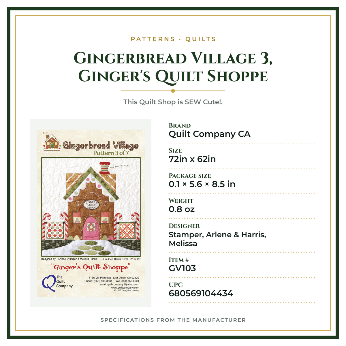 Product Specifications – Gingerbread Village 3, Ginger's Quilt Shoppe