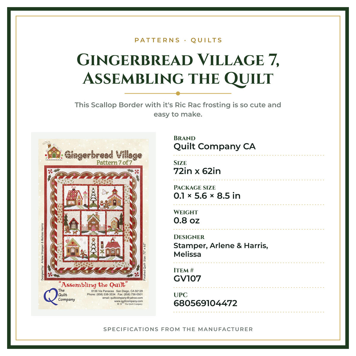 Product Specifications – Gingerbread Village 7, Assembling the Quilt
