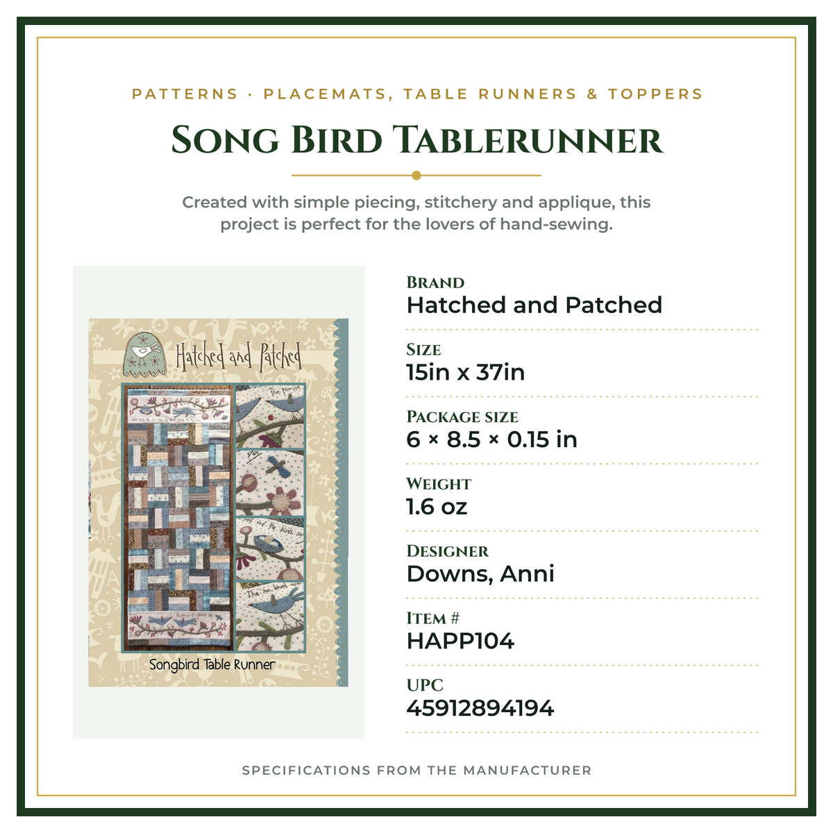 Product Specifications – Song Bird Tablerunner