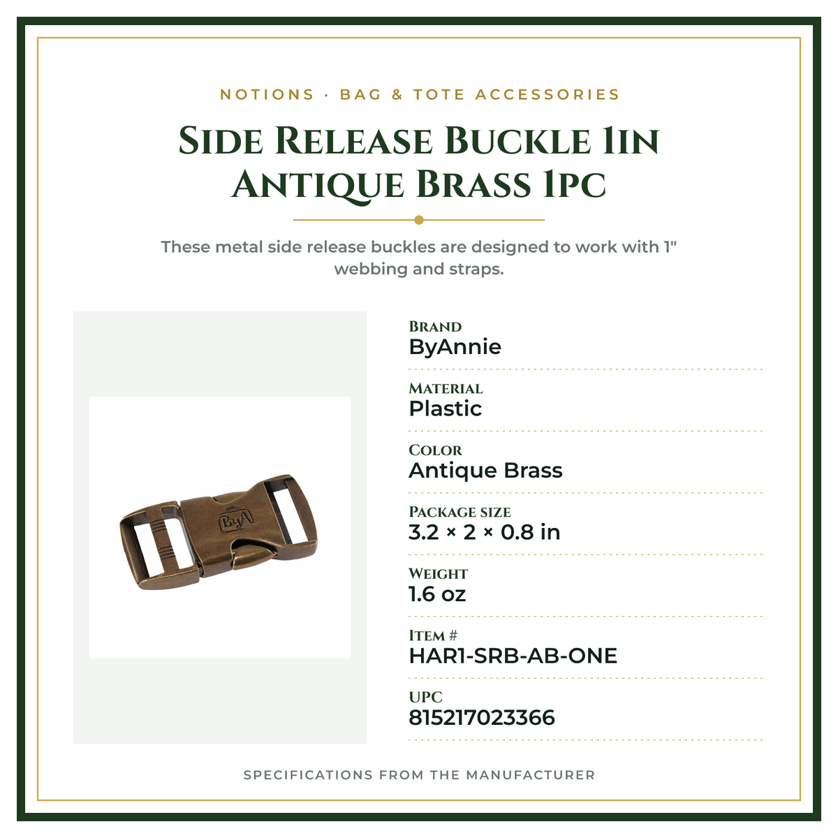 Product Specifications – Side Release Buckle 1in Antique Brass 1pc