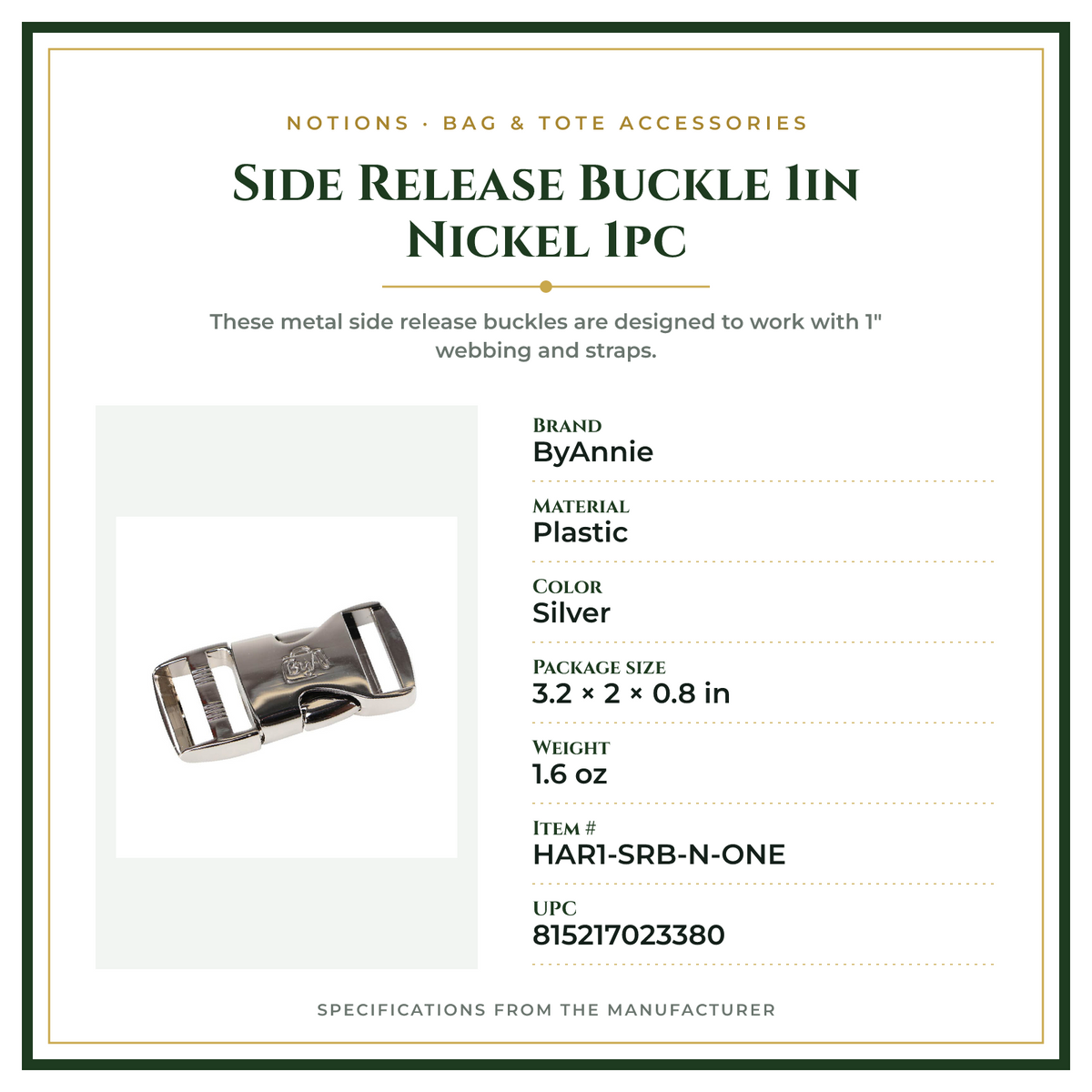 Product Specifications – Side Release Buckle 1in Nickel 1pc