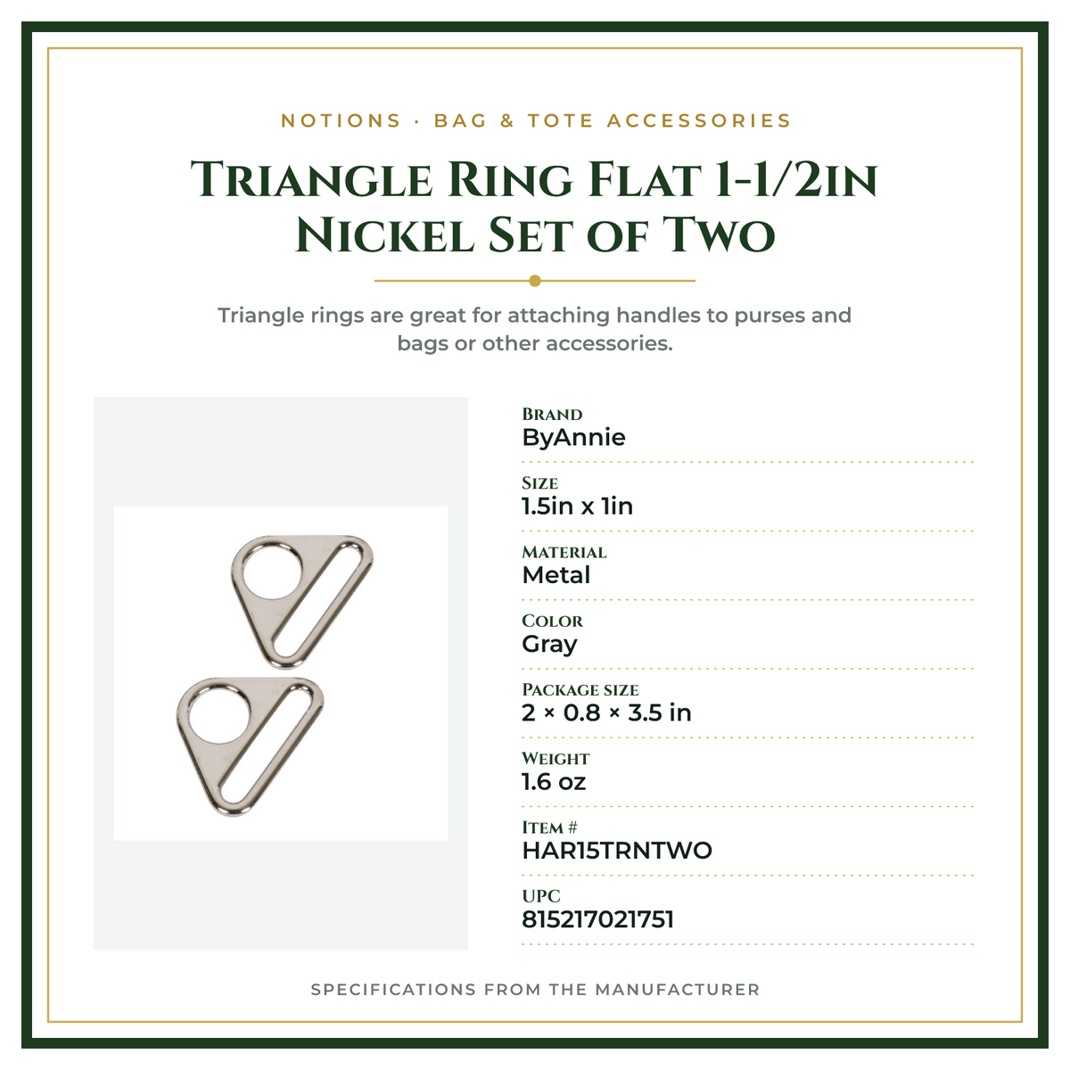 Product Specifications – Triangle Ring Flat 1-1/2in Nickel Set of Two