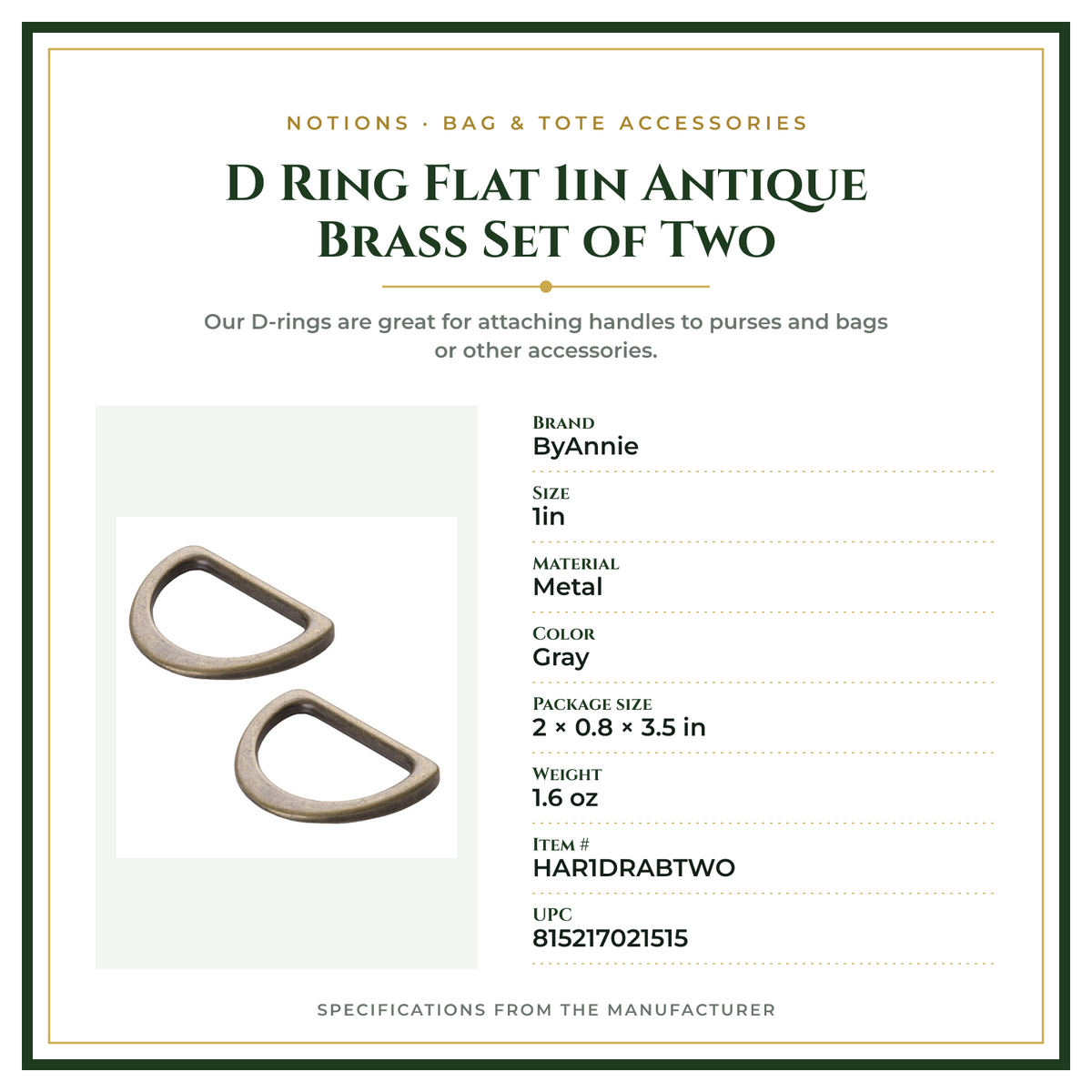 Product Specifications – D Ring Flat 1in Antique Brass Set of Two