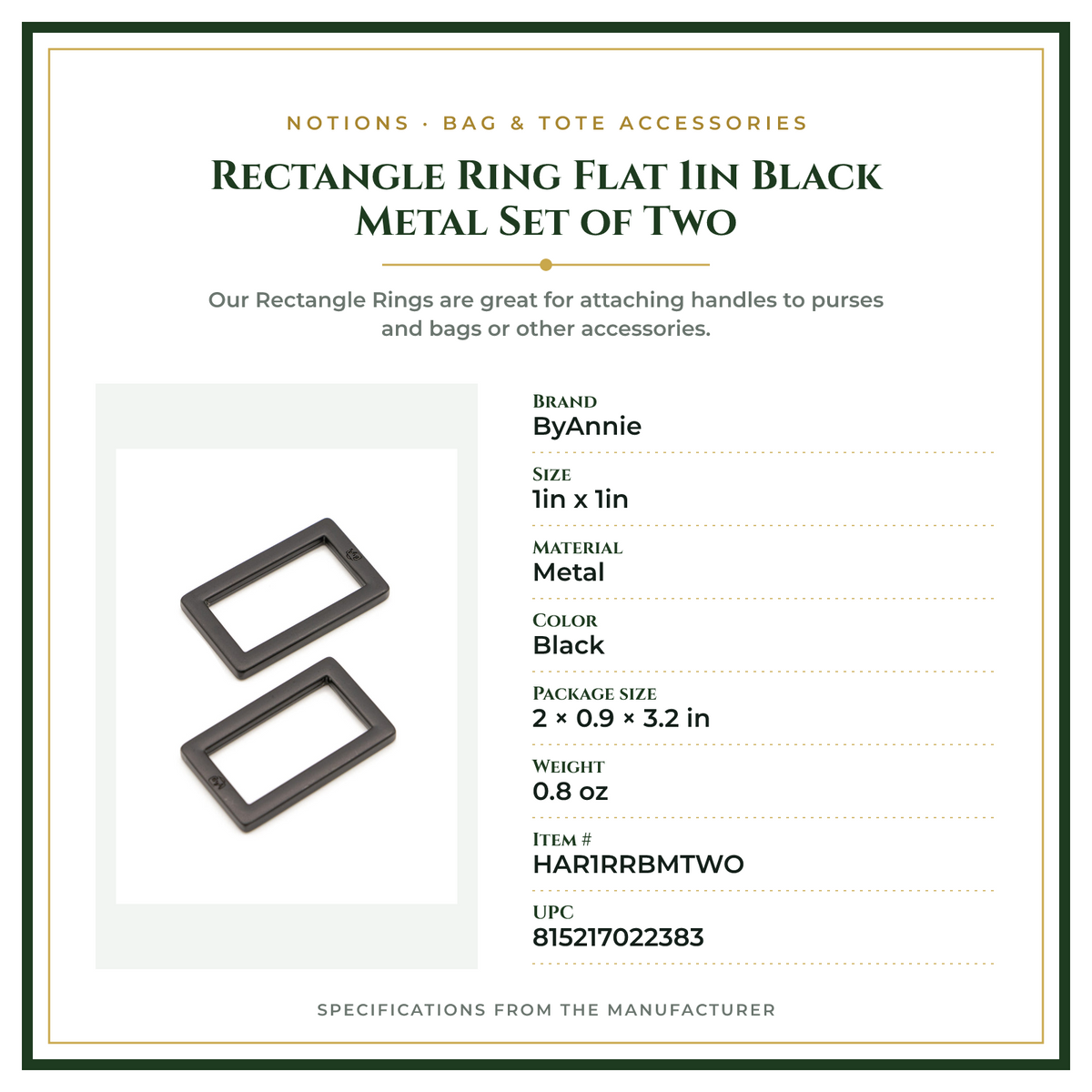Product Specifications – Rectangle Ring Flat 1in Black Metal Set of Two