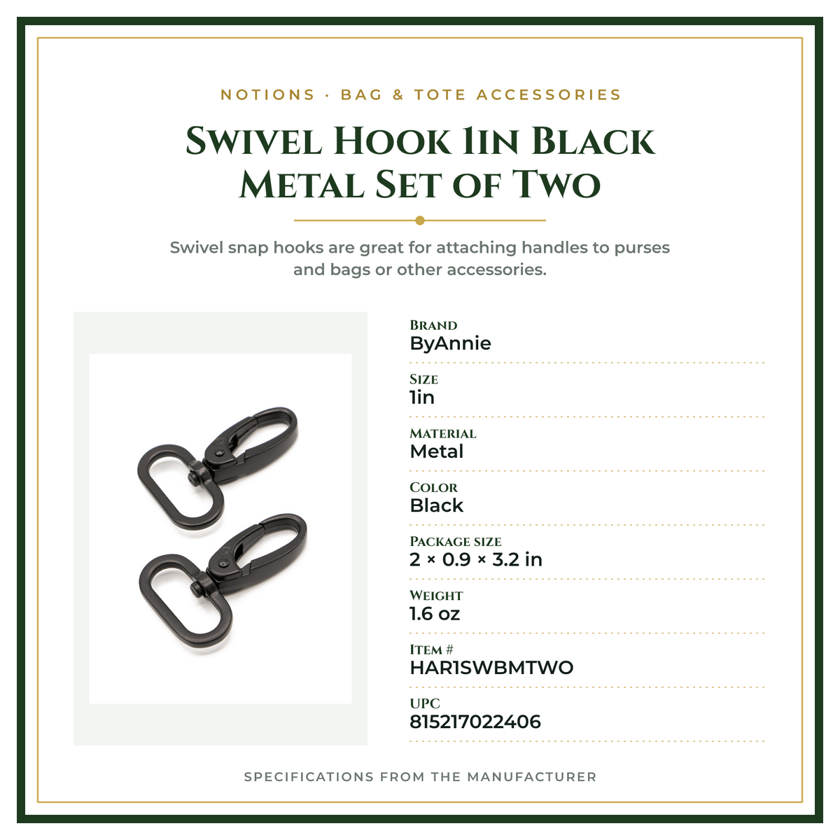 Product Specifications – Swivel Hook 1in Black Metal Set of Two