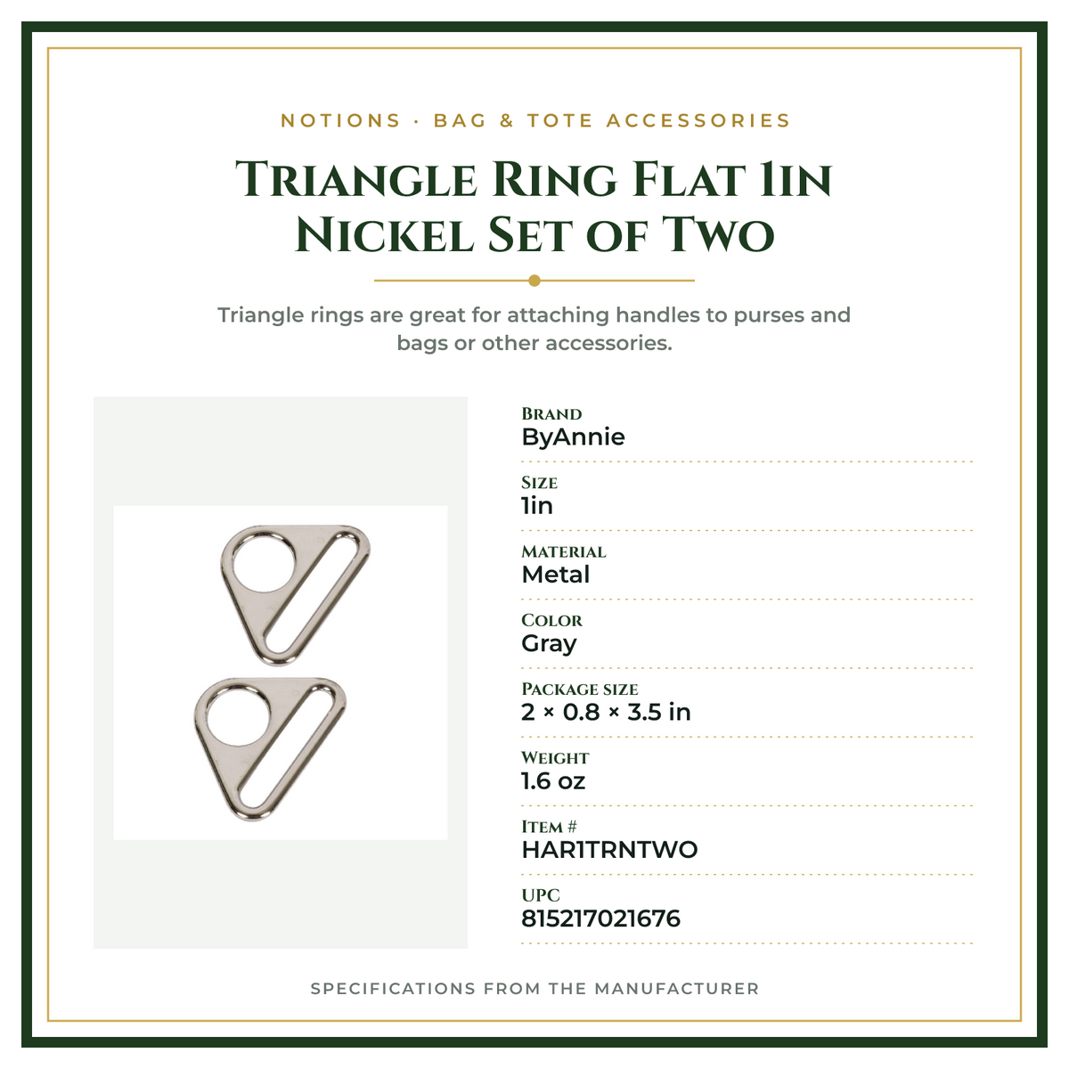 Product Specifications – Triangle Ring Flat 1in Nickel Set of Two