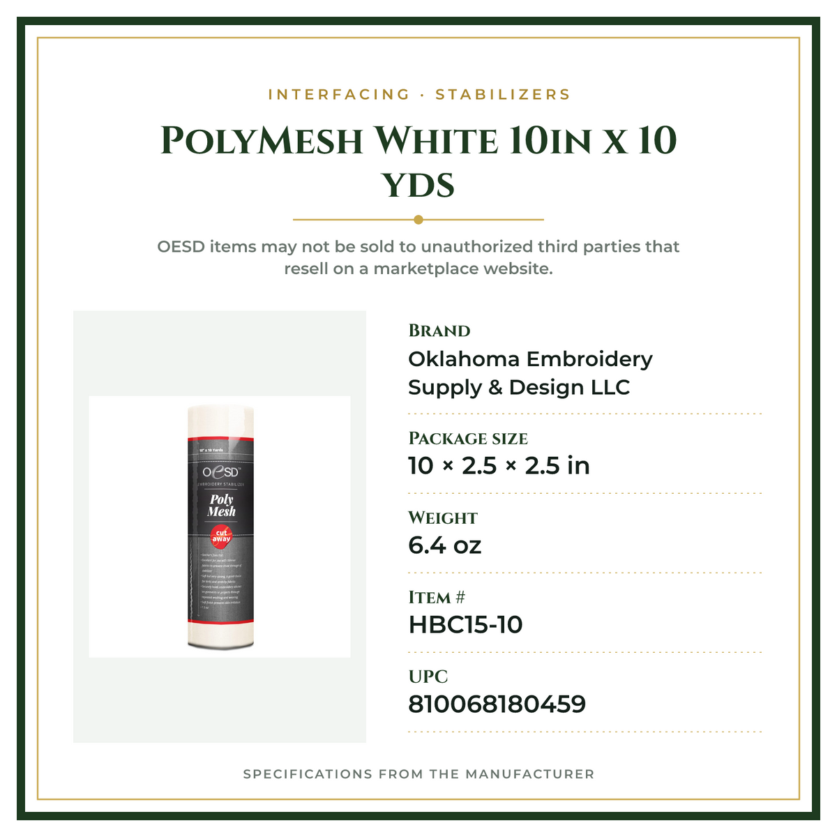 Product Specifications – PolyMesh White 10in x 10 yds