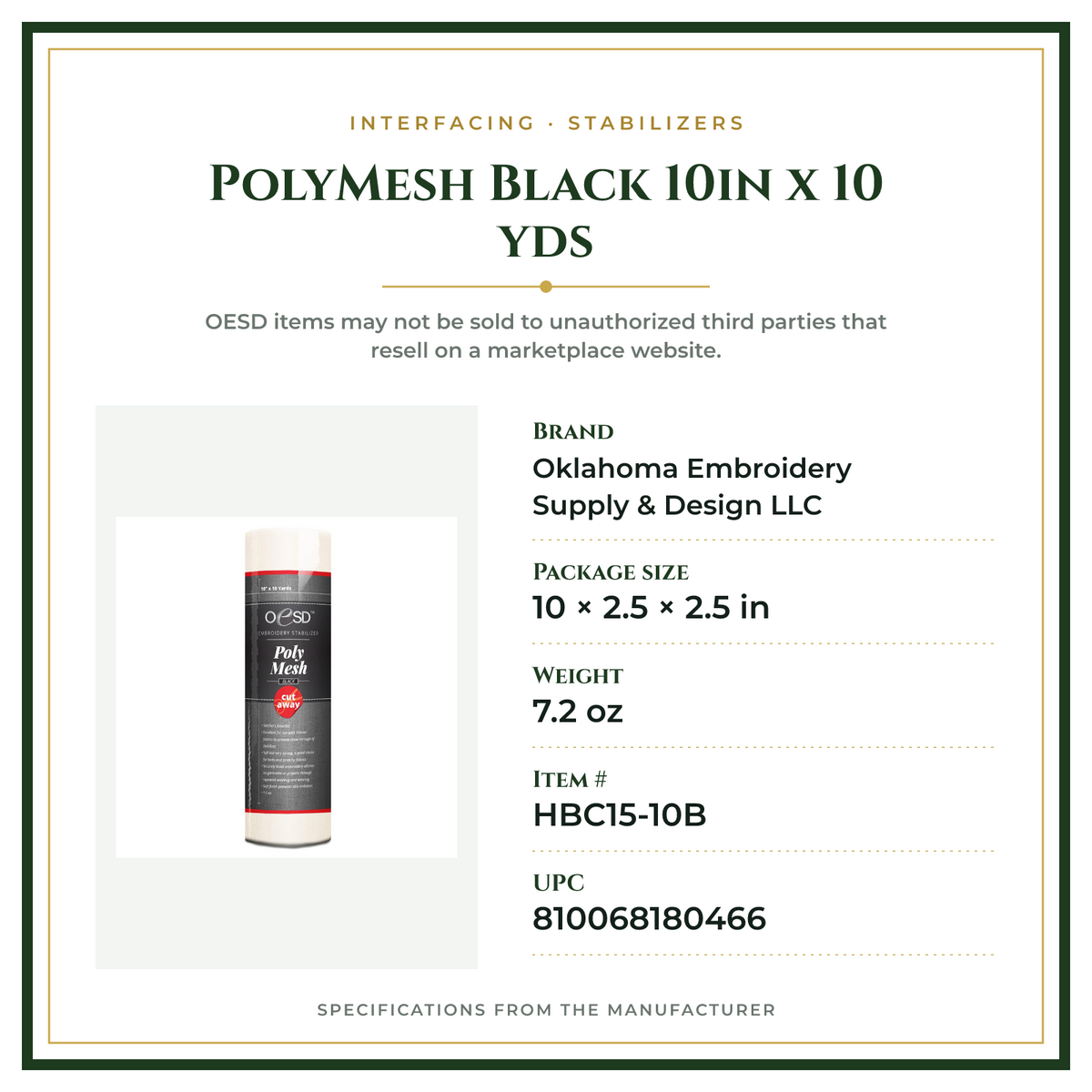 Product Specifications – PolyMesh Black 10in x 10 yds