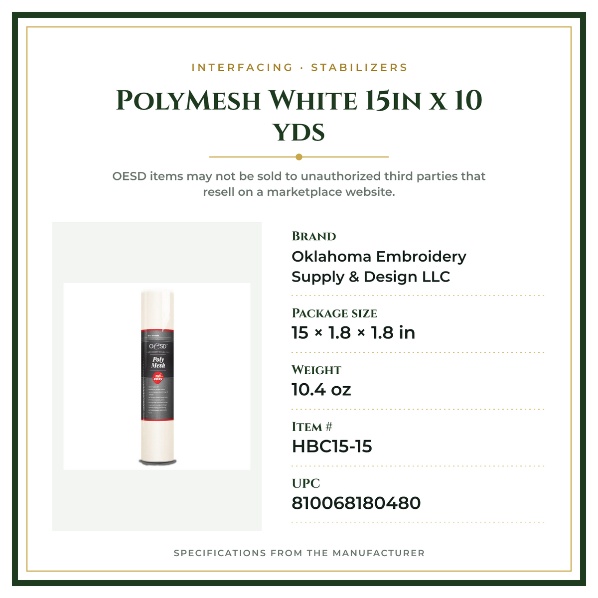 Product Specifications – PolyMesh White 15in x 10 yds