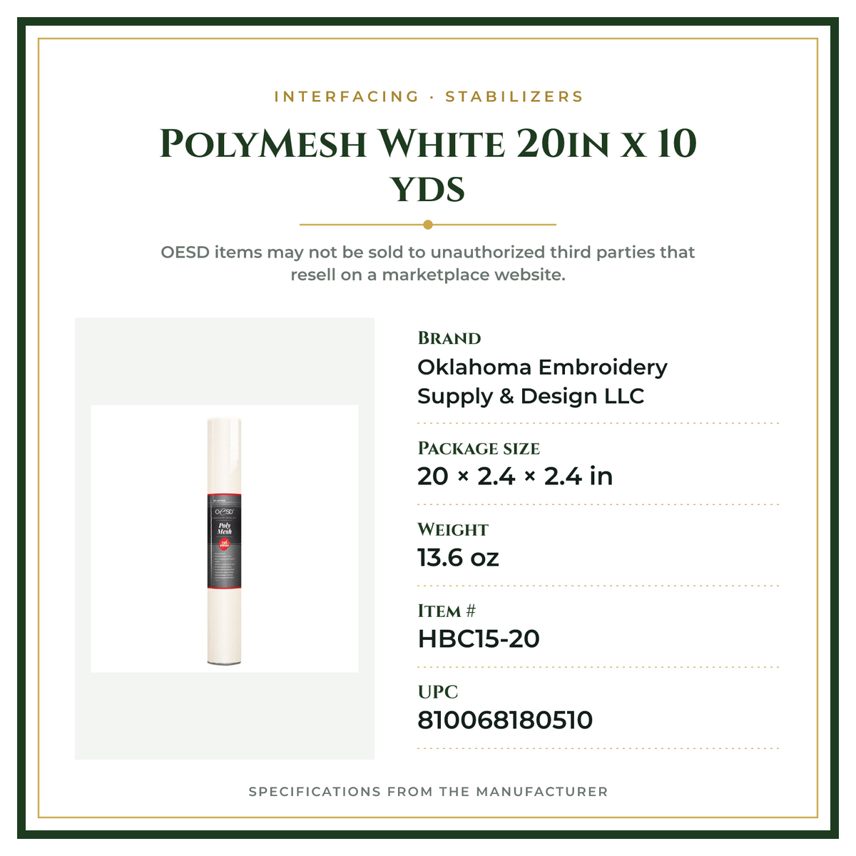 Product Specifications – PolyMesh White 20in x 10 yds