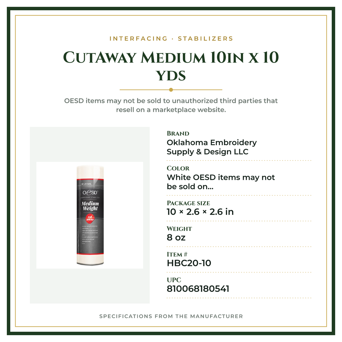 Product Specifications – CutAway Medium 10in x 10 yds