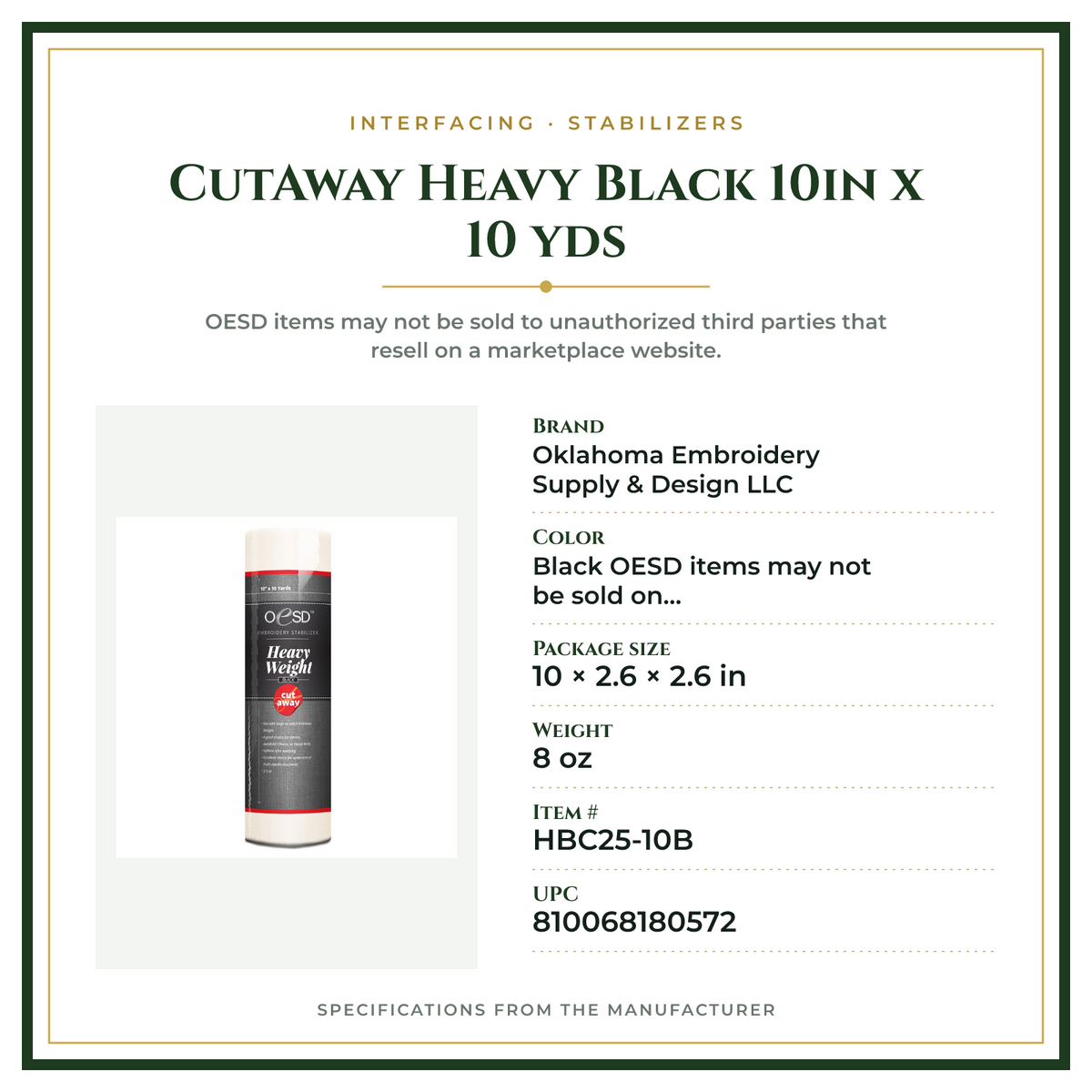 Product Specifications – CutAway Heavy Black 10in x 10 yds