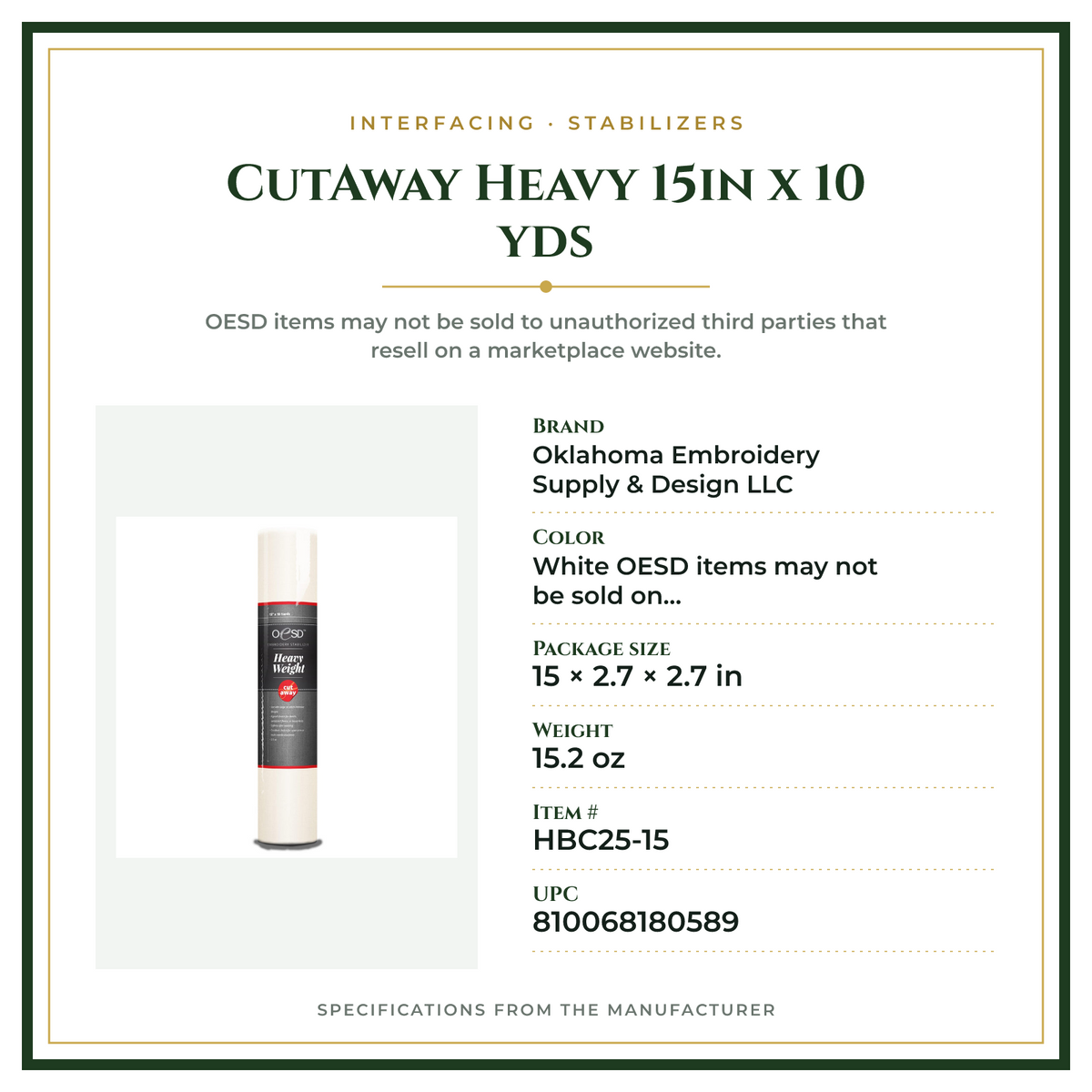 Product Specifications – CutAway Heavy 15in x 10 yds