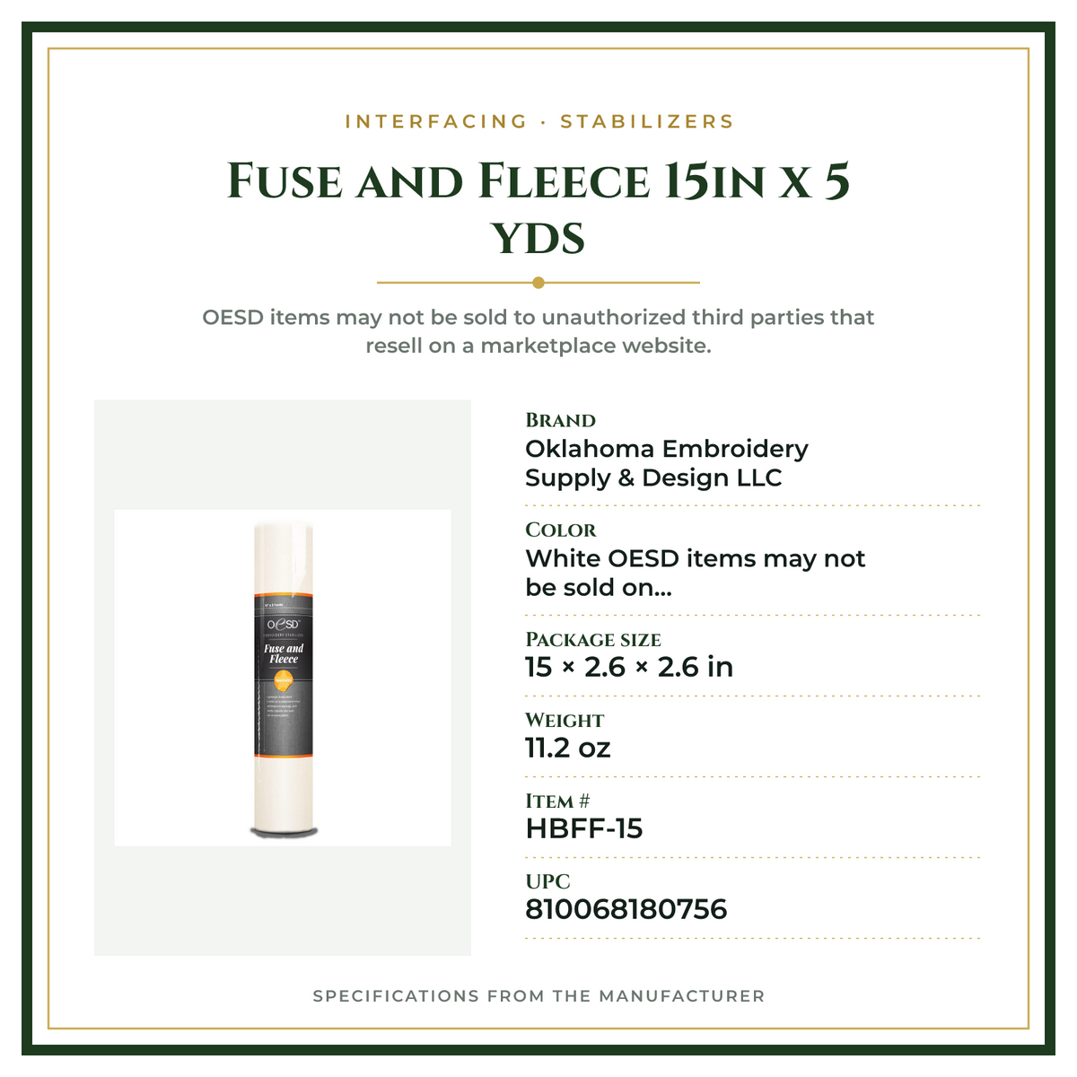Product Specifications – Fuse and Fleece 15in x 5 yds