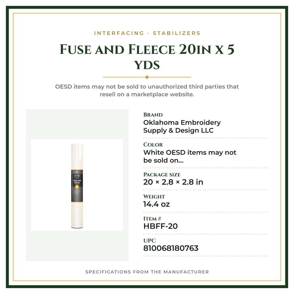 Product Specifications – Fuse and Fleece 20in x 5 yds