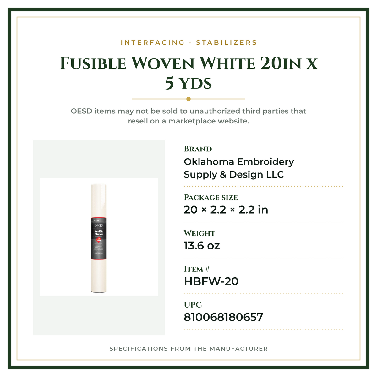 Product Specifications – Fusible Woven White 20in x 5 yds