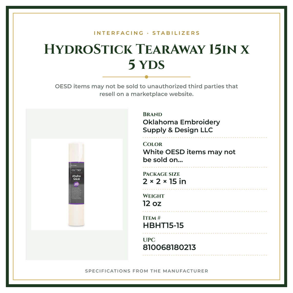 Product Specifications – HydroStick TearAway 15in x 5 yds