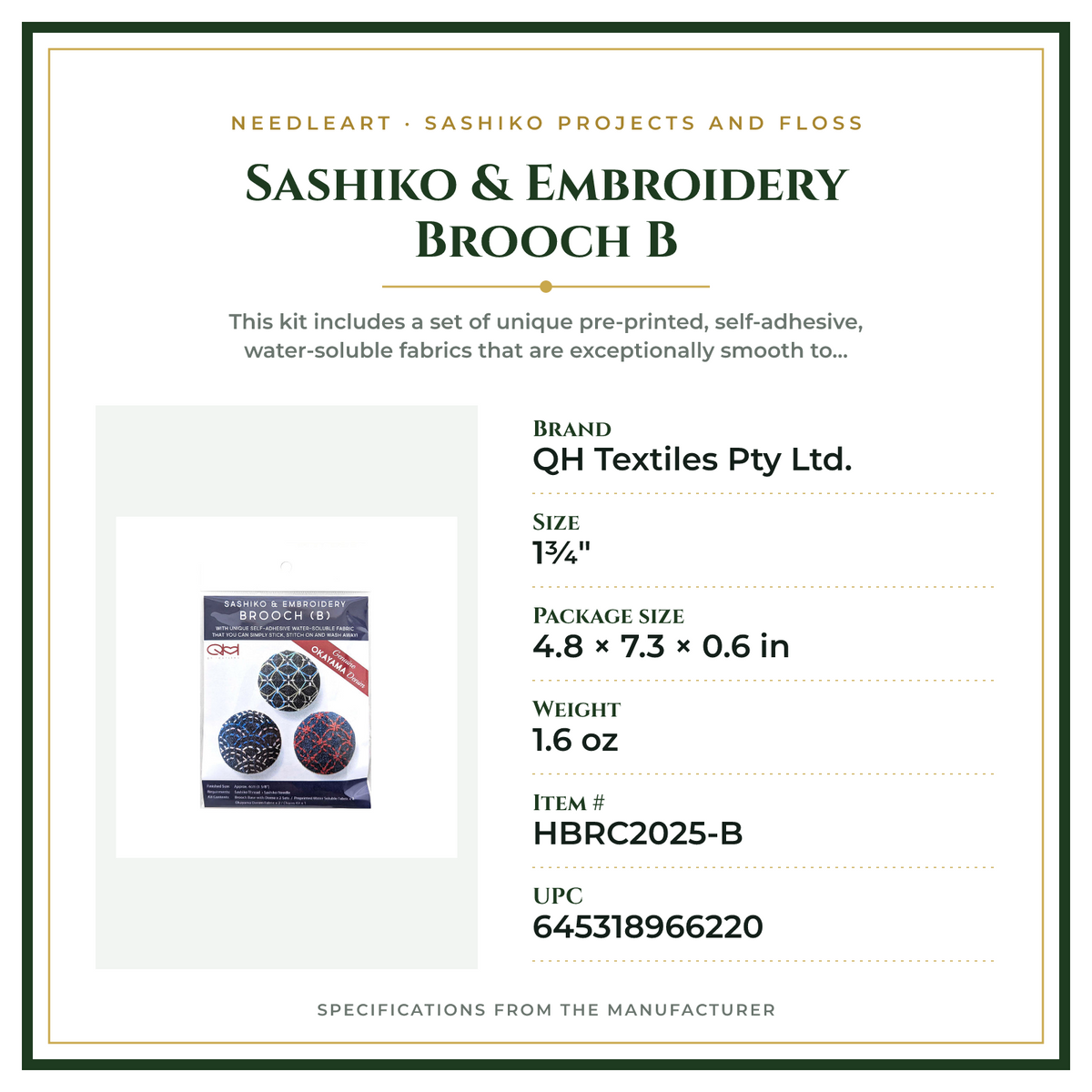 Product Specifications – Sashiko & Embroidery Brooch B