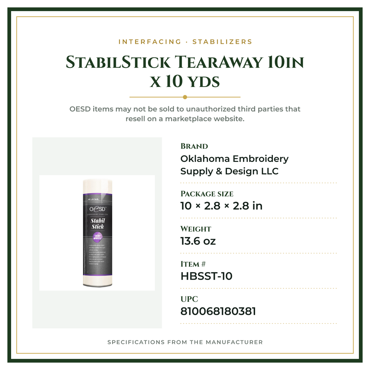 Product Specifications – StabilStick TearAway 10in x 10 yds
