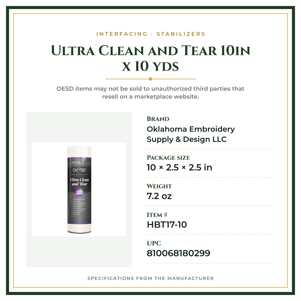 Product Specifications – Ultra Clean and Tear 10in x 10 yds