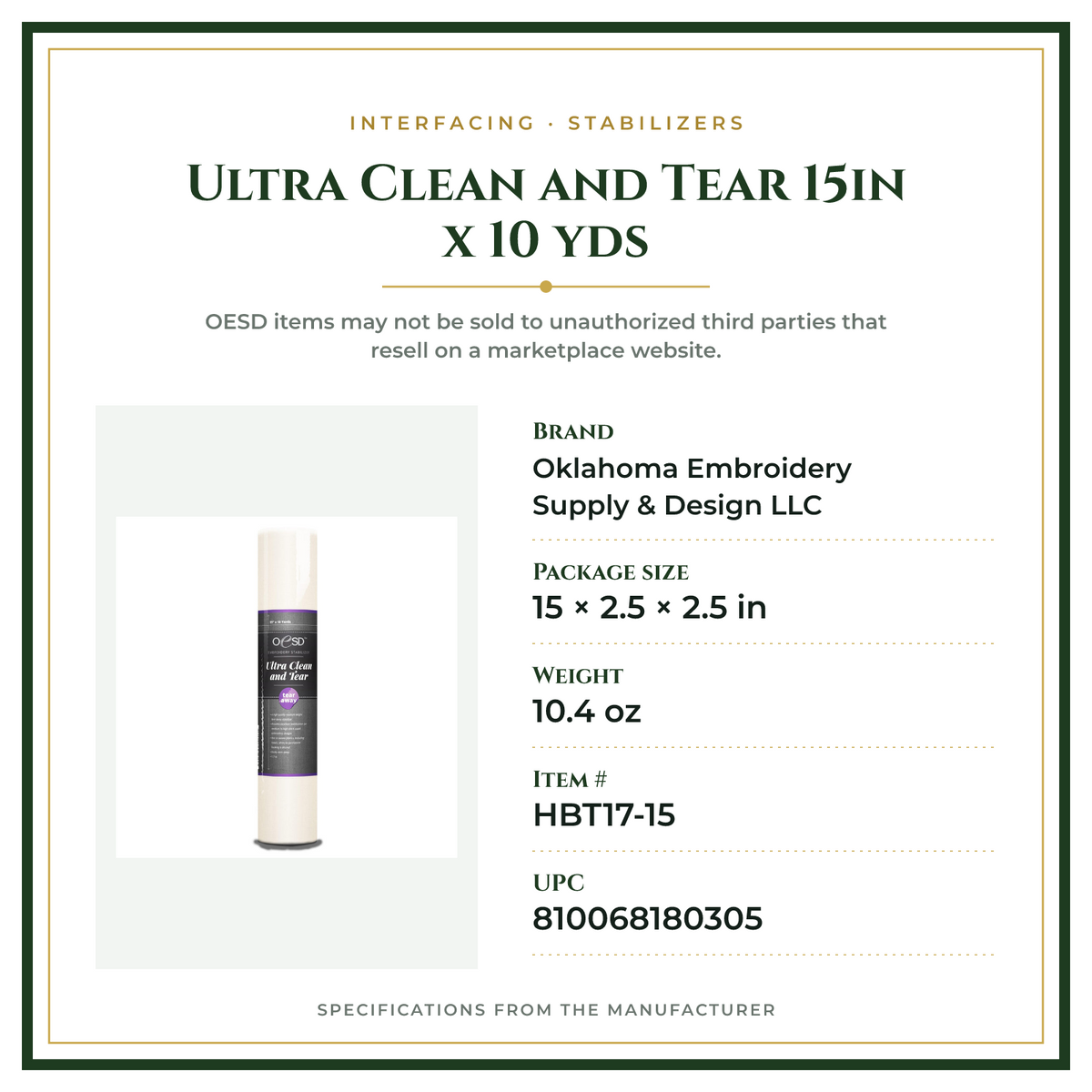 Product Specifications – Ultra Clean and Tear 15in x 10 yds