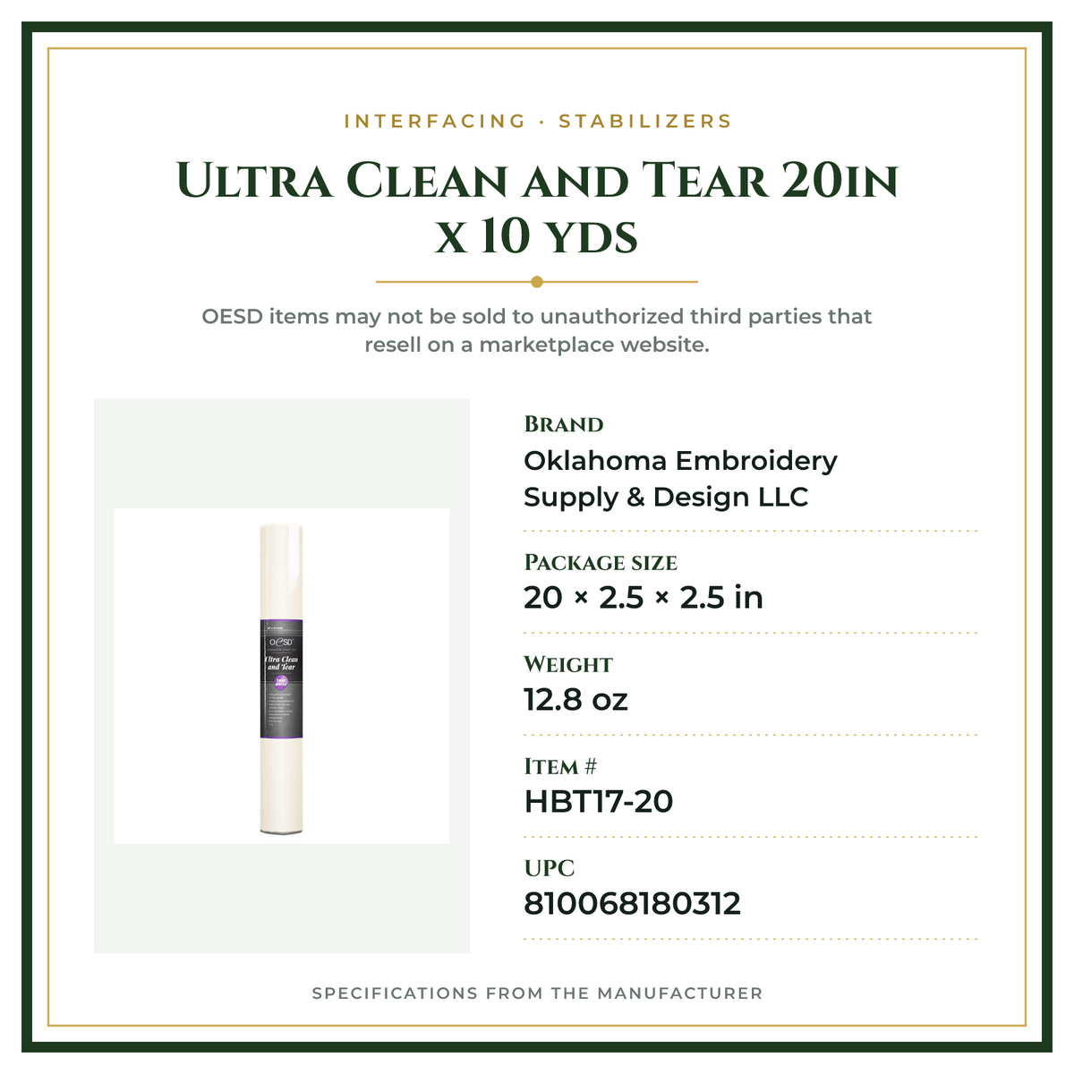 Product Specifications – Ultra Clean and Tear 20in x 10 yds
