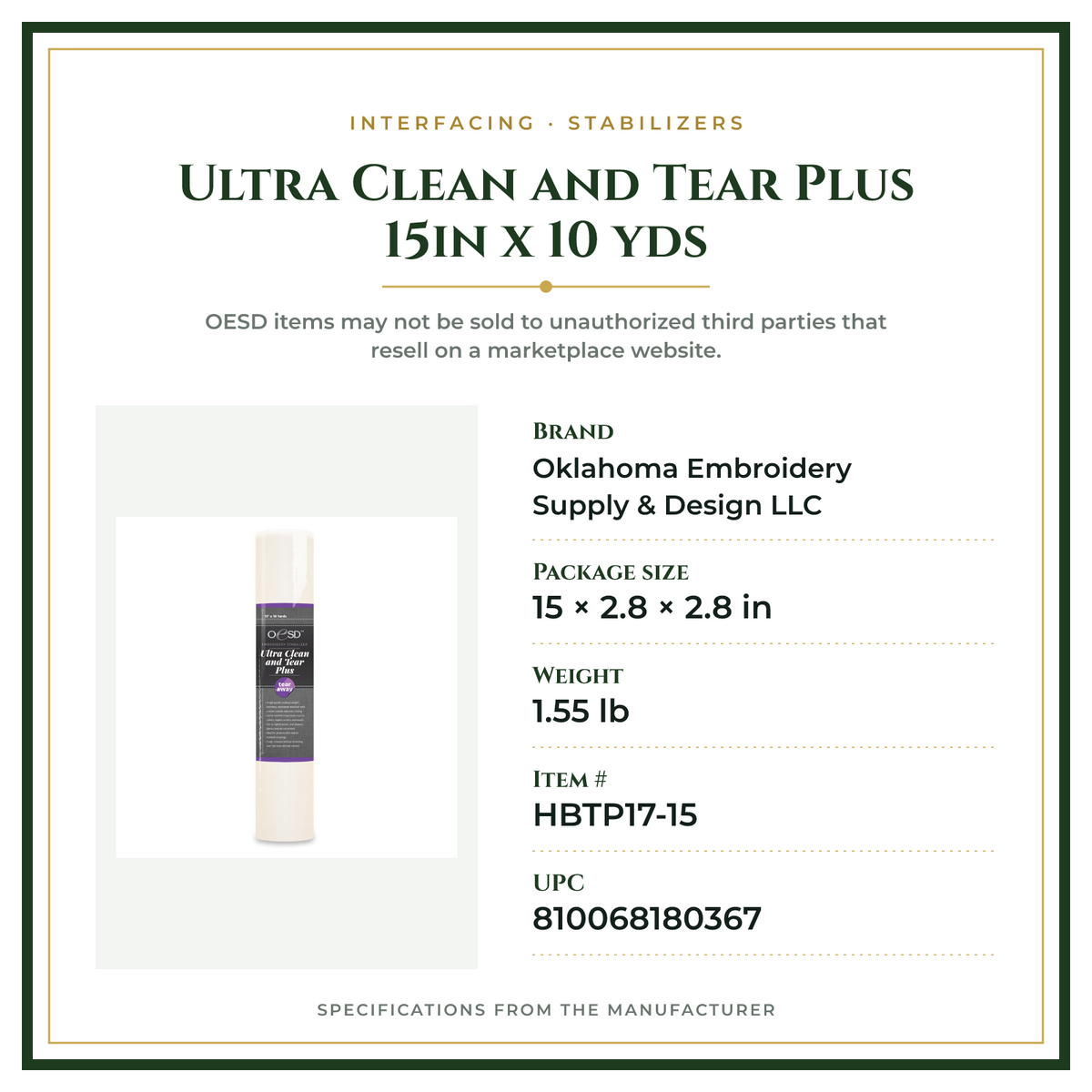 Product Specifications – Ultra Clean and Tear Plus 15in x 10 yds