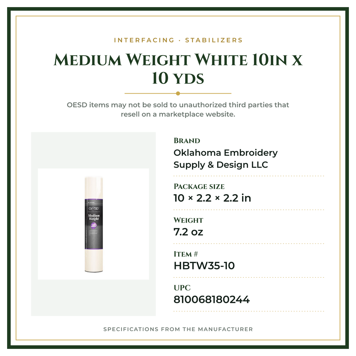 Product Specifications – Medium Weight White 10in x 10 yds