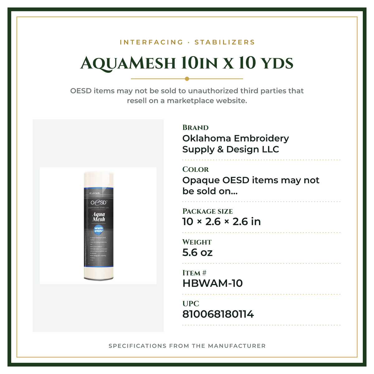 Product Specifications – AquaMesh 10in x 10 yds