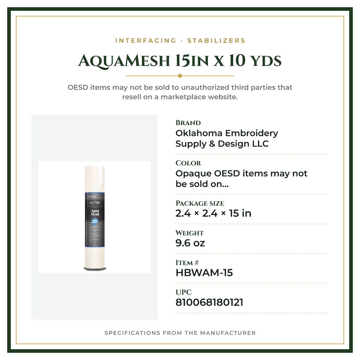 Product Specifications – AquaMesh 15in x 10 yds