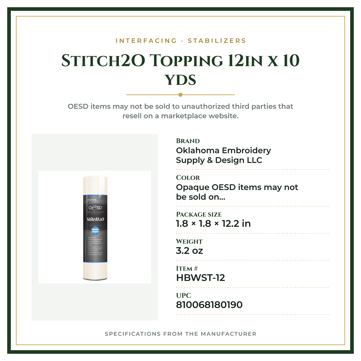 Product Specifications – Stitch2O Topping 12in x 10 yds
