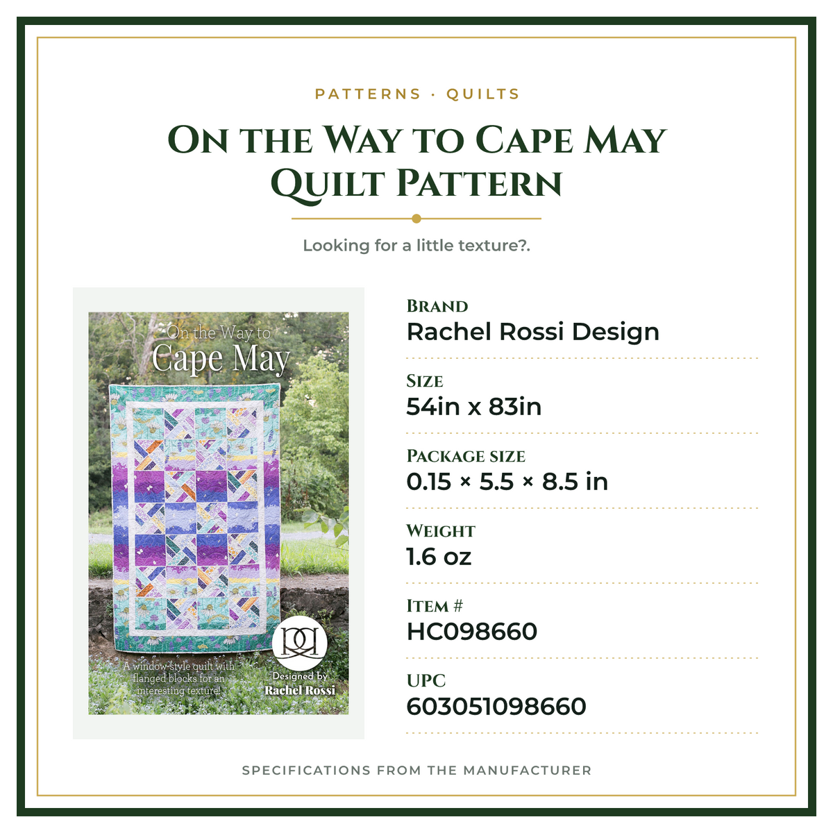 Product Specifications – On the Way to Cape May Quilt Pattern