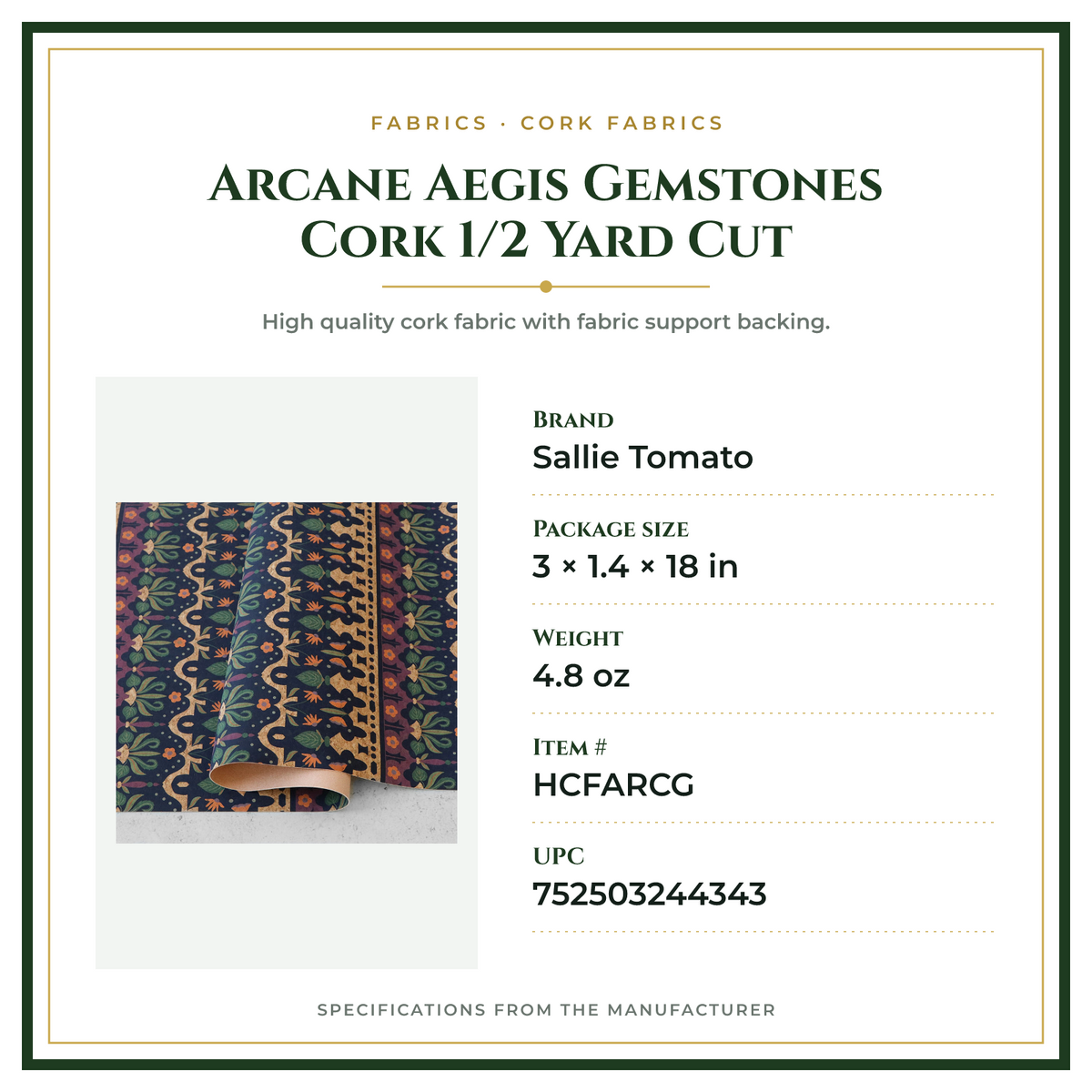 Product Specifications – Arcane Aegis Gemstones Cork 1/2 Yard Cut