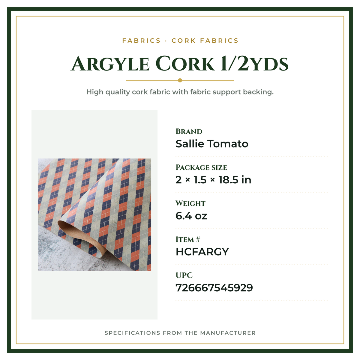 Product Specifications – Argyle Cork 1/2yds