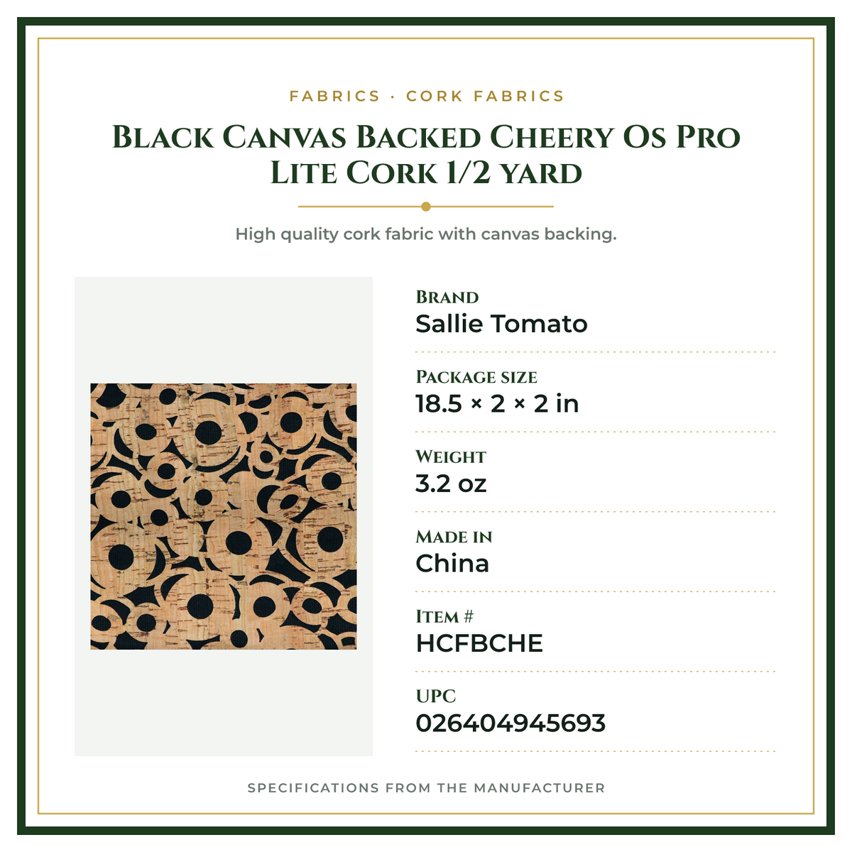 Product Specifications – Black Canvas Backed Cheery Os Pro Lite Cork 1/2 yard