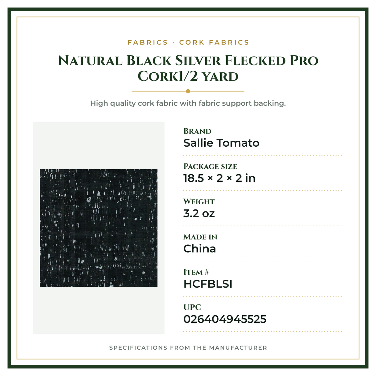 Product Specifications – Natural Black Silver Flecked Pro Cork1/2 yard