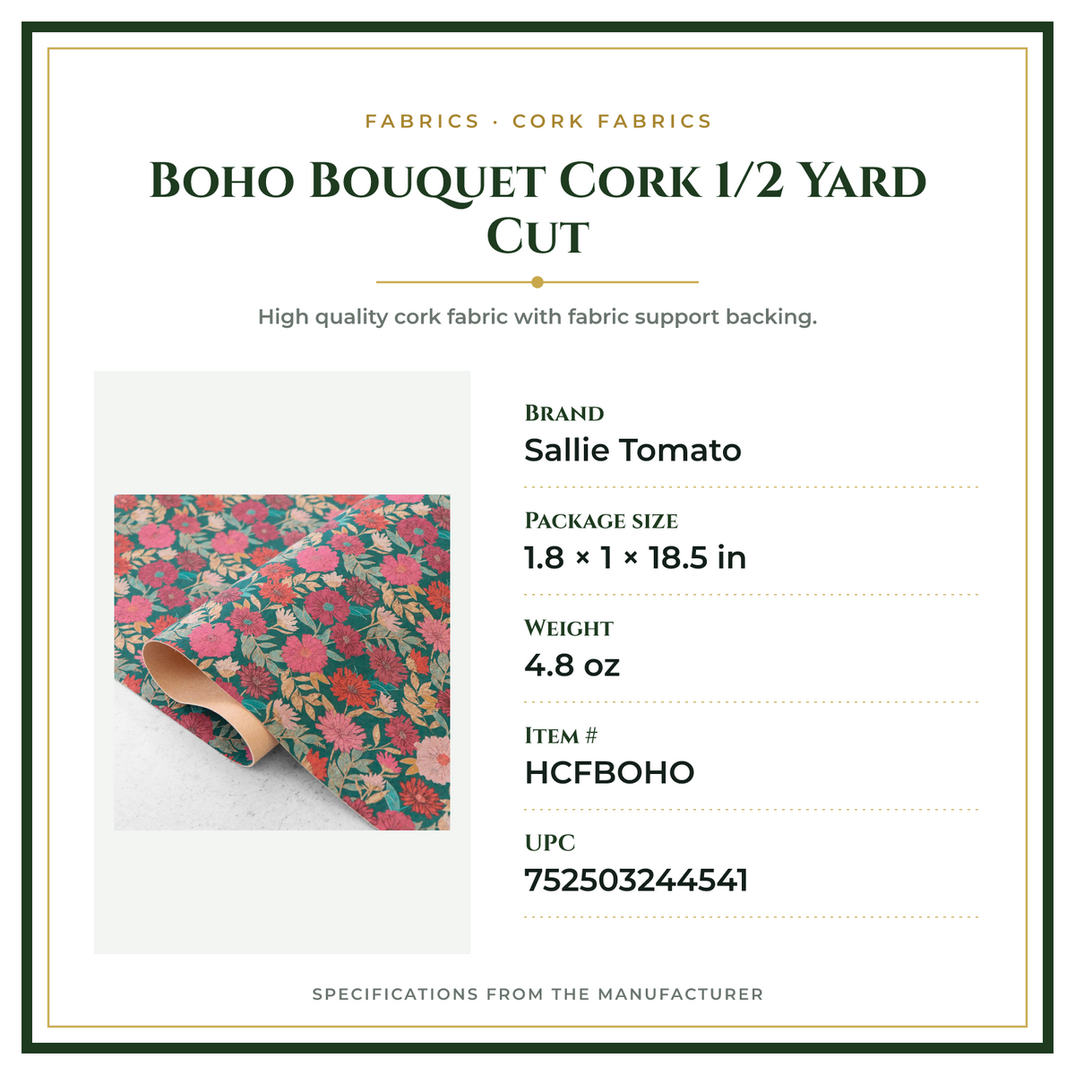 Product Specifications – Boho Bouquet Cork 1/2 Yard Cut