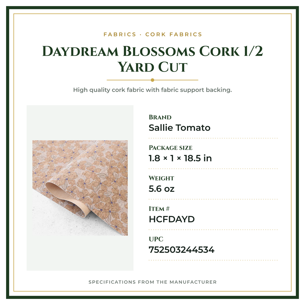 Product Specifications – Daydream Blossoms Cork 1/2 Yard Cut