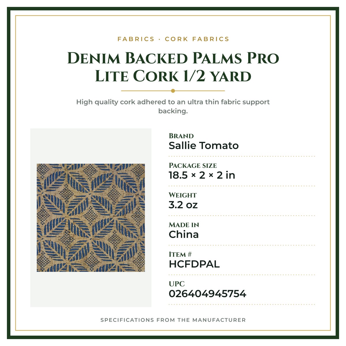Product Specifications – Denim Backed Palms Pro Lite Cork 1/2 yard