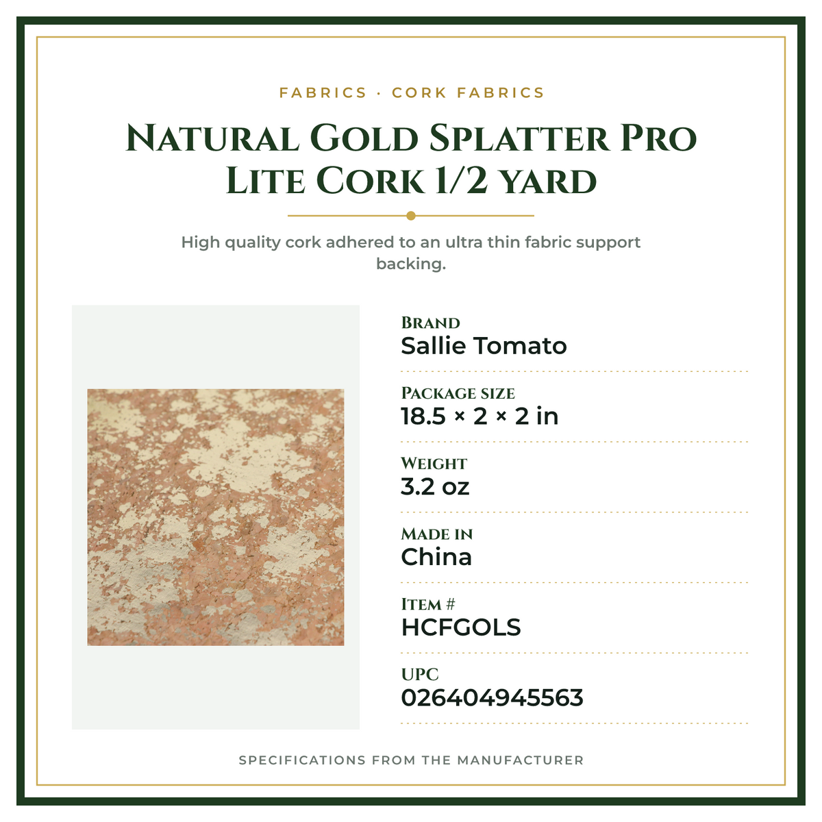 Product Specifications – Natural Gold Splatter Pro Lite Cork 1/2 yard