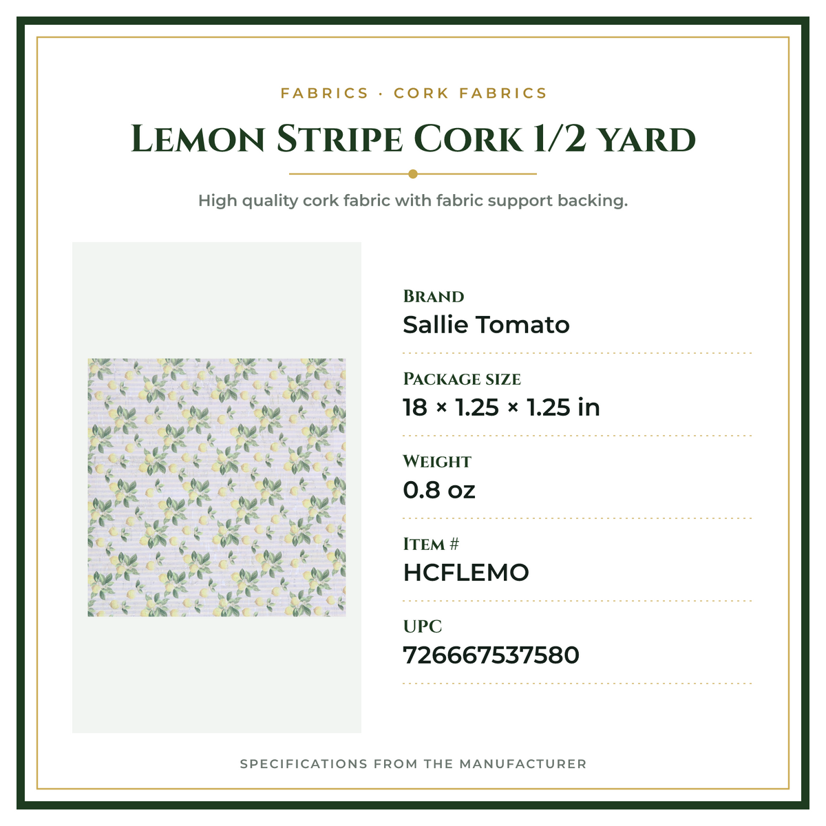 Product Specifications – Lemon Stripe Cork 1/2 yard