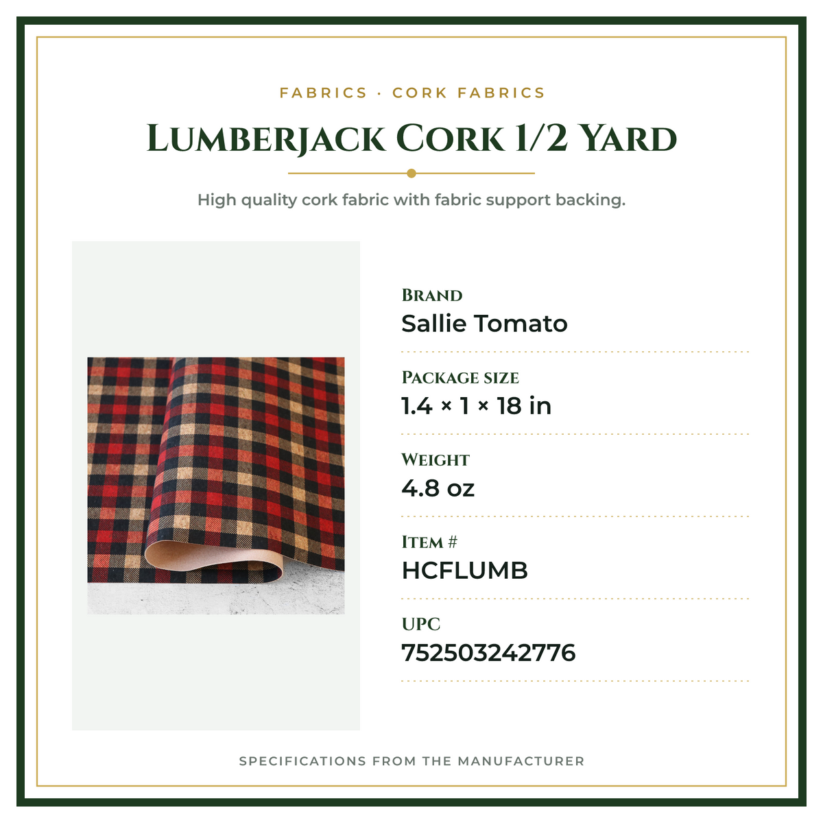 Product Specifications – Lumberjack Cork 1/2 Yard