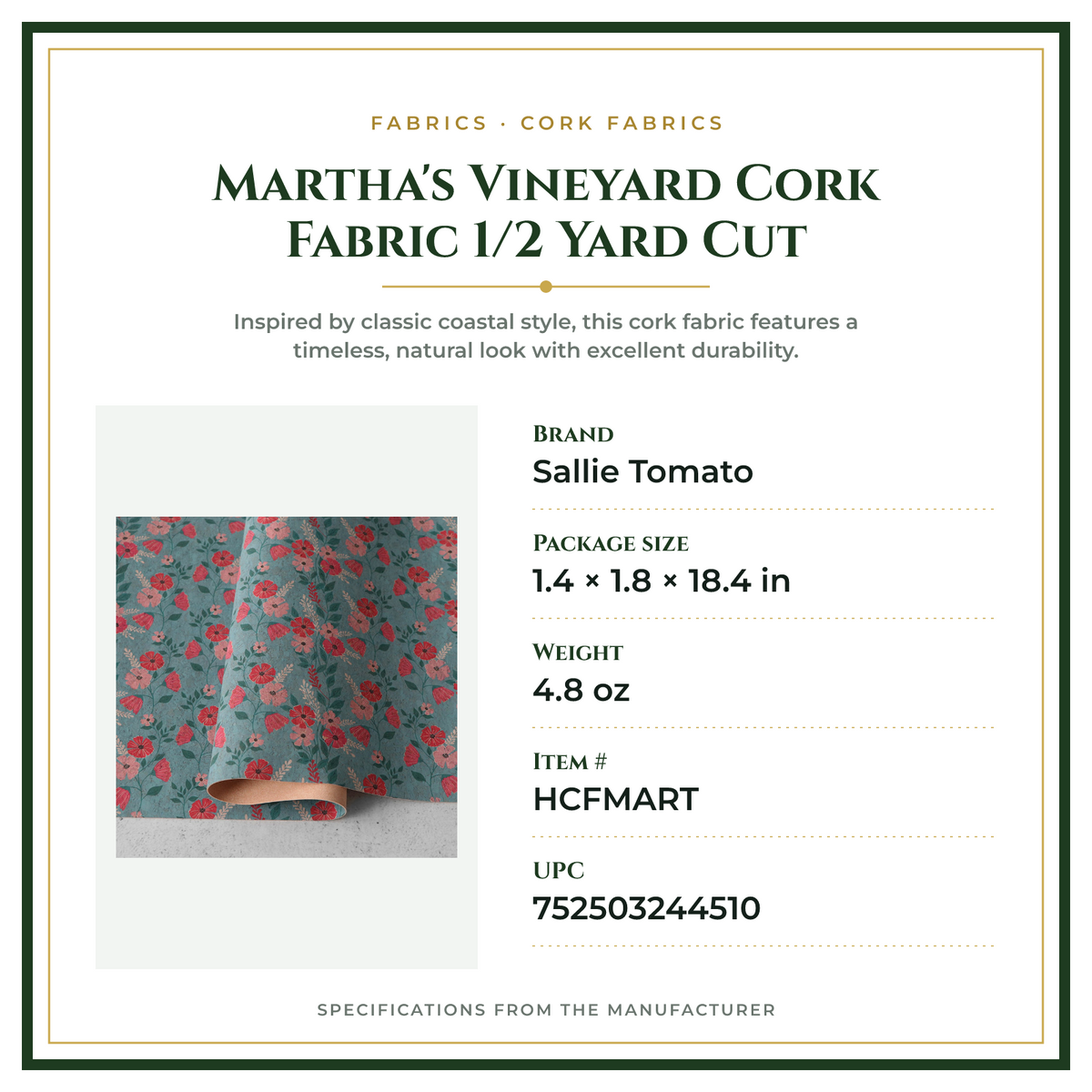 Product Specifications – Martha's Vineyard Cork Fabric 1/2 Yard Cut