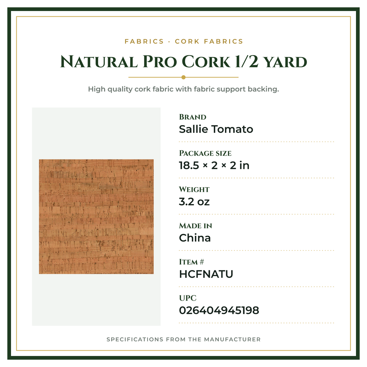 Product Specifications – Natural Pro Cork 1/2 yard